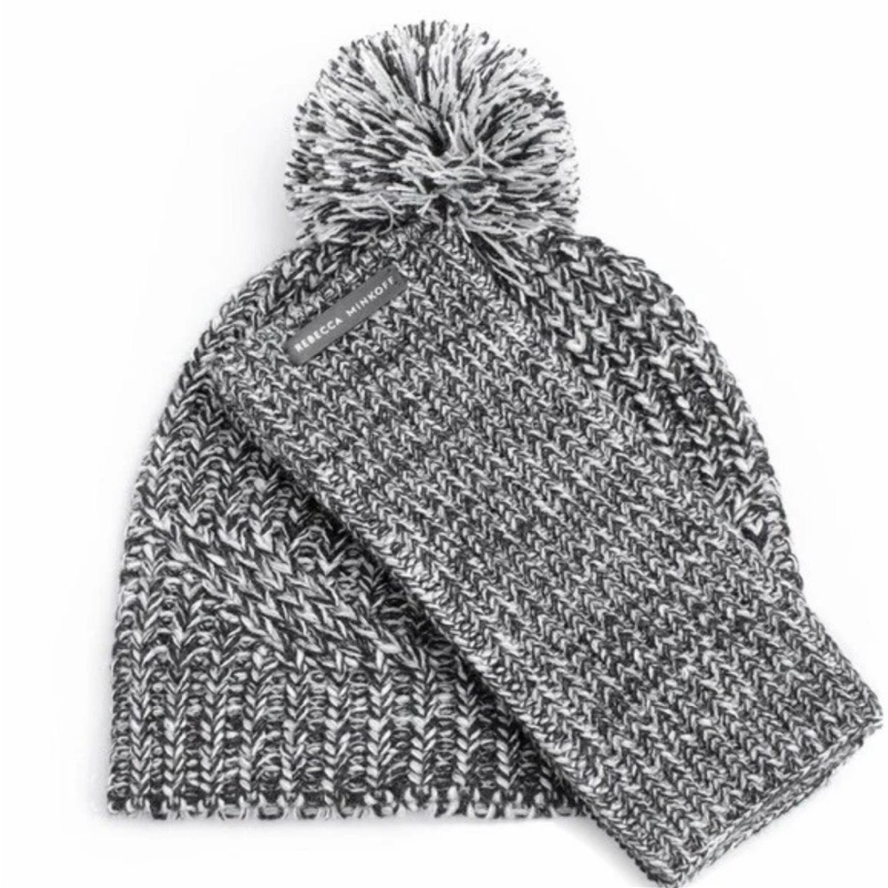 Rebecca Minkoff Gray Marled Pom Pom Beanie & Arm Warmer Glove Set O/S
